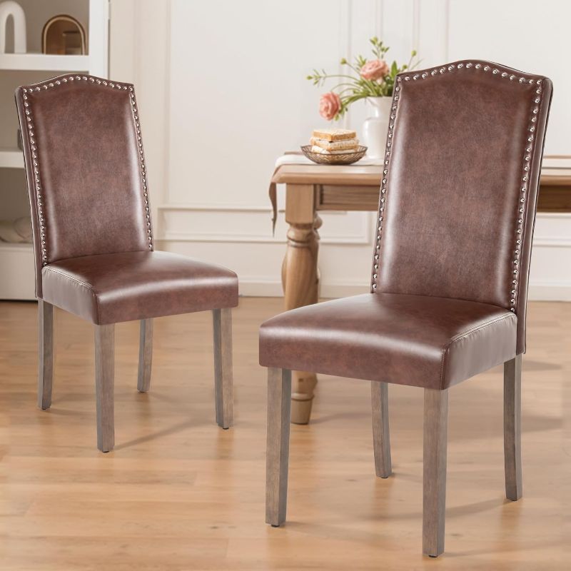 Photo 1 of ***MAJOR DAMAGE - SEE COMMENTS***
Set of 3 Stylish Upholstered Parsons Dining Chair PU Faux Leather with Silver Nailhead Trim and Sturdy Solid Wood Legs 3 Pieces
