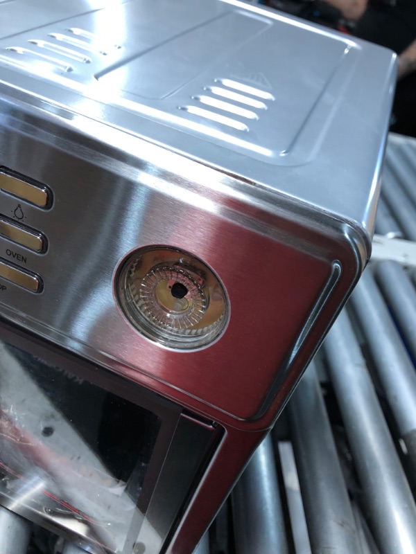 Photo 1 of ***DAMAGED - CORNER CAVED IN - KNOB BROKEN OFF - SEE PICTURES***
Kalorik MAXX Air Fryer Oven, 26 Quart 10-in-1 Countertop Toaster Oven & Air Fryer Combo - Fry, Bake, Roast, Rotisserie, & More, Large Glass French Doors & 9 Accessories, 1700-Watts, Stainles