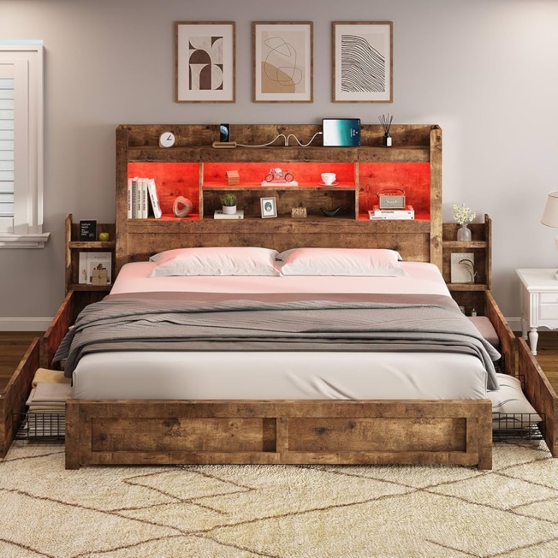 Photo 1 of **TRUCK/TRAILER PICK UP ONLY** (PARTIAL SET) (UNTESTED) 
AMERLIFE Queen Bed Frame with 4 Storage Drawers, Wood Bed Frame with 49.6" Tall Bookcase Headboard, LED Platform Bed with Charging Station & 2 Slide Bedside Shelf, No Box Spring Needed/Rustic Brown