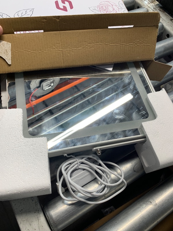 Photo 1 of ***SEE NOTES*** 
Hasipu LED Makeup Mirror with Bluetooth Speaker, 14" x 10" Vanity Mirror with Lights, 3 Modes Light, Smart Touch Control Dimmable, Rectangle White Frame