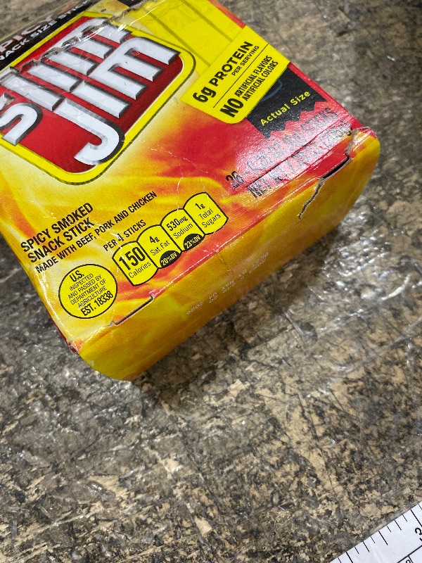 Photo 1 of **EXP: 05/04/2026** Slim Jim Smoked Meat Sticks, Spicy Flavor, 6g Protein Per Serving, Snack Size, Halloween Snack, 0.28 oz. (26 Count)