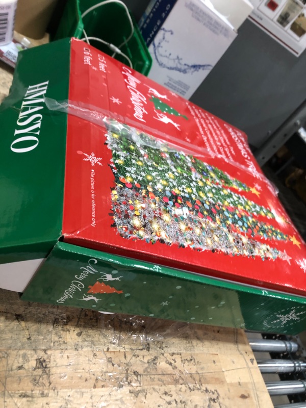 Photo 1 of (SEE NOTES) HMASYO 6 FT Pop Up Christmas Tree with 100 LED Lights & Remote, White Christmas Tinsel Tree, Collapsible Artificial Pencil Tree for Home Office Party Decor, USB Powered Timer Lights, Easy Assembly