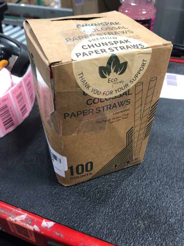 Photo 1 of [10mm Wide] Chunspak 6" Short Fat Colorful Striped Paper Drinking Straws Disposable 100 Counts for Smoothie, Milkshakes, Thick Drinks - Biodegradable