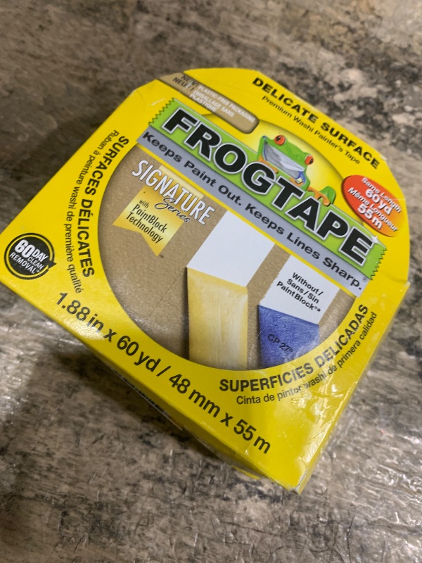 Photo 1 of FrogTape Delicate Surface Painters Tape with PAINTBLOCK, 2 Inch Wide (1.88 In. x 60 Yds), Low Adhesion, Ideal for Freshly Painted Walls, Trim & Surfaces, Yellow, 1 Roll (280222)
