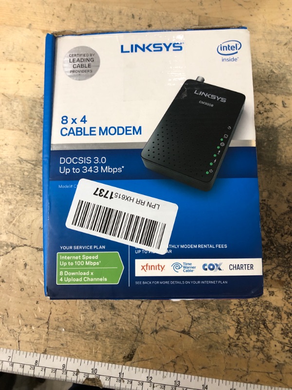 Photo 1 of **MISSING POWER CORD**Linksys DOCSIS 3.0 8x4 Cable Modem Certified with Comcast Xfinity, Spectrum, Cox (CM3008)