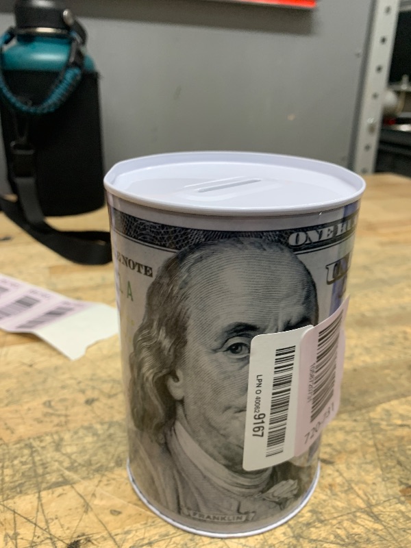 Photo 1 of $100 Dollar Bill Piggy Bank 5 7/8" Tall Coin Saving Money Currency Benjamin Franklin Tin Can Banknote Jar (1 Pack, 5 7/8" X 4")