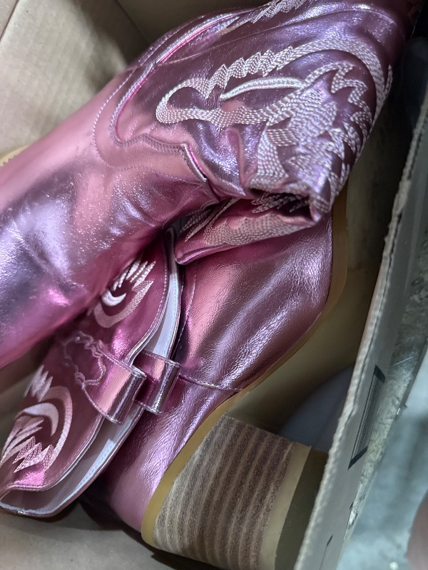 Photo 1 of GOSERCE Pink Cowboy Boots for Women - Metallic Cowgirl Boots with Embroidery Sparkly Mid Calf Boots for Ladies Fahsion Classic Pull on Pointy Toe Chunky Stacked Heel 2.5" Pink,8