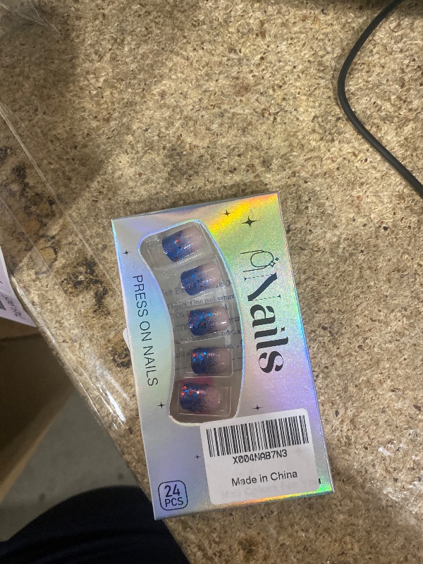 Photo 1 of 24 Pcs 4th of July Press on Nails Short Square LINMEIZAI Fake Nails Press ons Independence Day Nail Tips Glue on Nails Full Cover Acrylic Nail Art Kit False Nails with Sequin French Design for Women