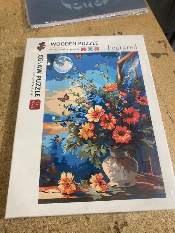 Photo 1 of **BOX HAS DAMAGE** Window Landscape Jigsaw Puzzles 1000 Pieces for Adults, Families (Full Moon,Tropical Plants,Flowers,Vase,Butterfly) Pieces Fit Together Perfectly 19.7''x27.6''inch Wildflowers Magic Puzzle Art?Blue?