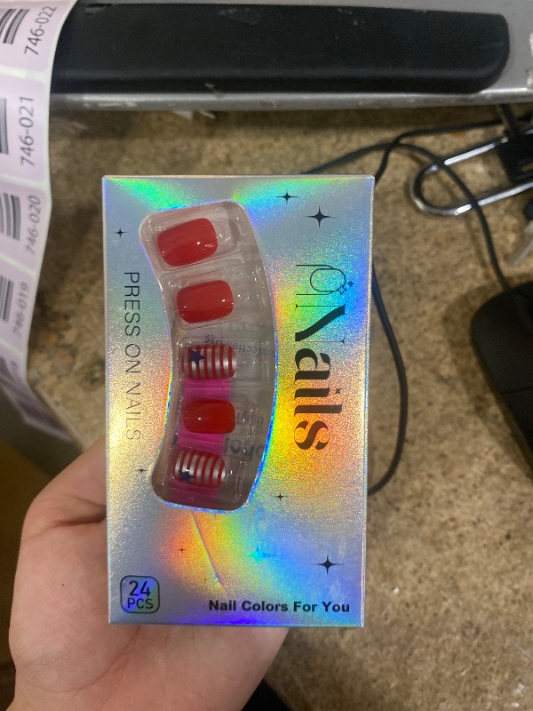 Photo 1 of 24 Pcs 4th of July Press on Nails Short Square LINMEIZAI Fake Nails Press ons Independence Day Nail Tips Glue on Nails Full Cover Acrylic Nail Art Kit False Nails with Red & Stripes Design for Women
