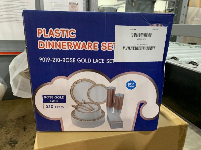 Photo 1 of ??? Count Rose Gold Plastic Dinnerware Disposable Plates 30 Dinner & 30 Dessert Plates & 30 Cups & 30 Rose Gold Paper Napkins & 30 Plastic Silverware Set