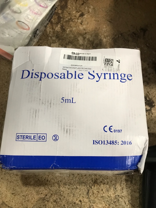 Photo 1 of 100 Pack 5ml 22Ga Plastic Syringe with Measurement for Scientific Labs and Industrial Dispensing, Disposable Individually Wrapped (100, 5ml-22Ga)