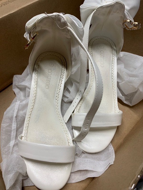 Photo 1 of (used)(please see all images) Coutgo Girl's Bow Tie Heeled Sandals Open Toe Chunky Low Heel Rhinestone Princess Dress Shoes, White, Size 2