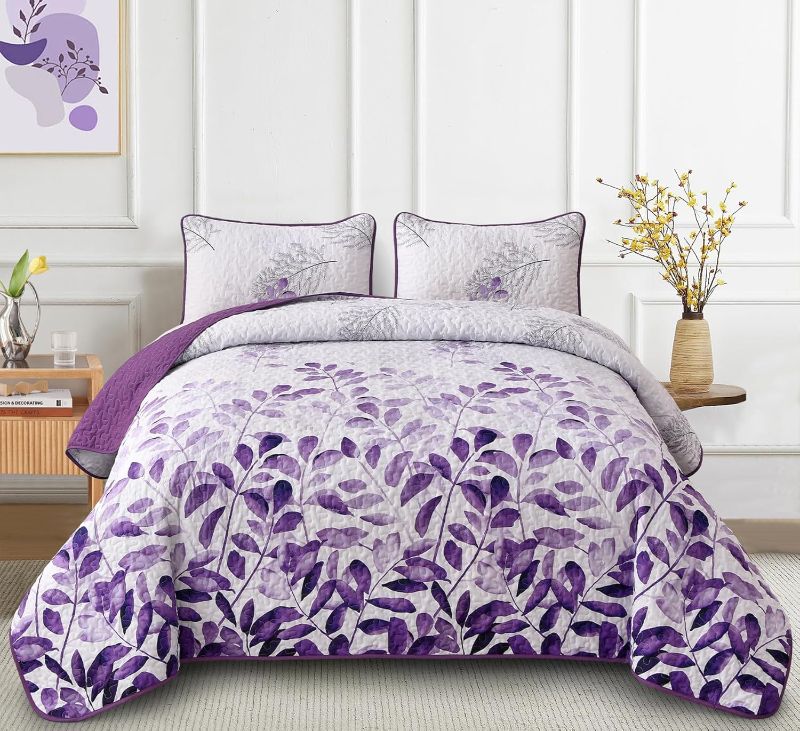 Photo 1 of **PHOTO FOR REFERNCE** WONGS BEDDING Floral Quilt Set King Size,3 Pieces Purple Gradient Botanical Leaves Printed Bedspread Coverlet Set,Microfiber Floral Bedding Set for All Season 104"x90"