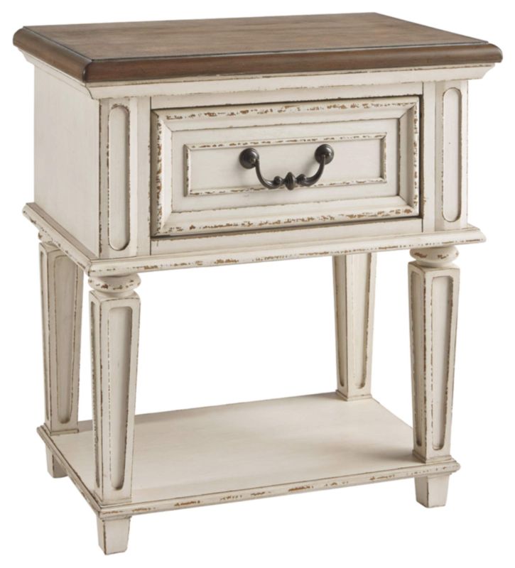 Photo 1 of *********************Missing legs*******************
Signature Design by Ashley Realyn Traditional Cottage 1 Drawer Nightstand with Dovetail Construction & Open Display Shelf, Chipped White, 27" Tall, Distressed Brown
