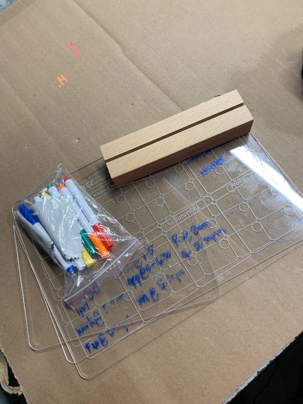 Photo 1 of (missing markers) Acryic Dry Erase Board with Light, Wooden Stand Up for Desk, 11.8”x7.9”, Clear Monthly/Weekly Calendar                                                                  