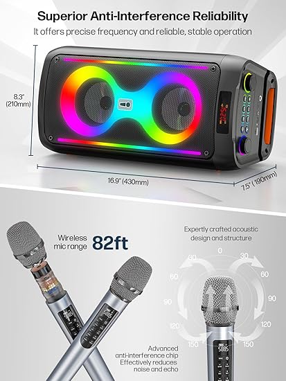Photo 1 of (used/fair) (missing microphones) Karaoke Machine for Adults, Portable Bluetooth Speaker with 2 Wireless Microphones, PA System with Disco Lights for Big Party, Outdoor, Supports USB/TF/REC/AUX, Ideal Gifts for Family, Music Lover
