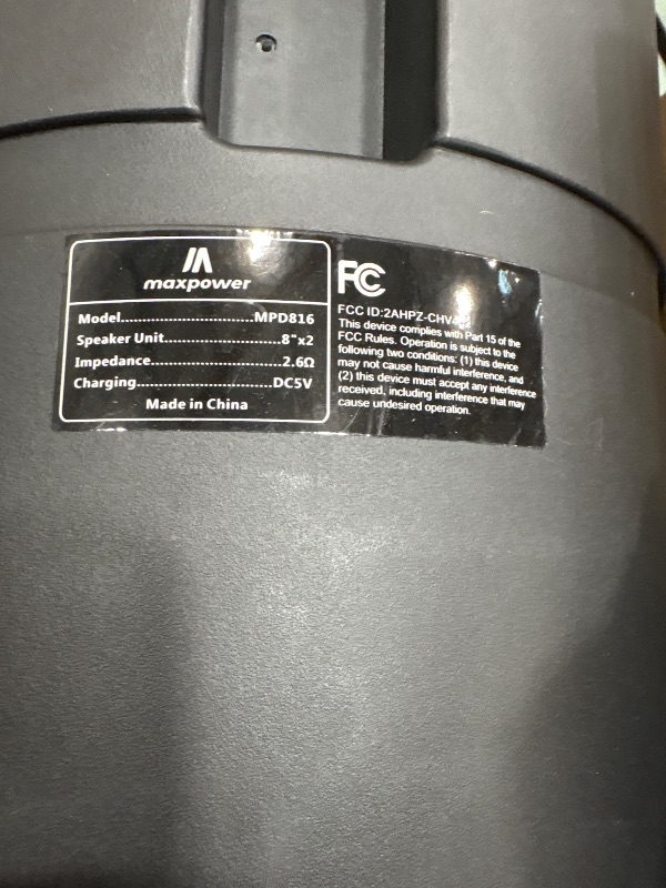 Photo 1 of **MISSING POWER CORD** Maxpower MPD816 Gametime 8 X 2 Portable Speaker System with Microphone and Remote Control
