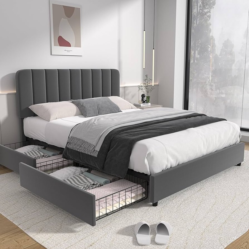 Photo 1 of (full size) VECELO full Size Upholstered Bed Frame with 4 Drawers and Headboard, Velvet Platform Storage Bedframe
