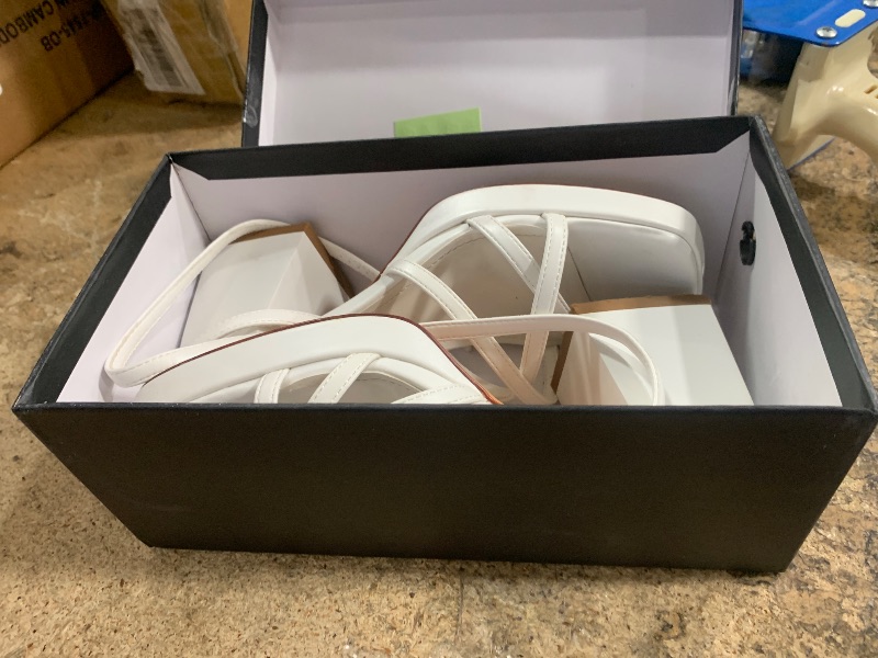 Photo 1 of ***SEE NOTES ***ISNOM White Platform Heels for Women Comfy Strappy Heels Short Block Chunky Sandals Ankle Strap Simple Summer Heeled Sandals Square Open Toe for Wedding Work Party Dress Prom,White,Size 6