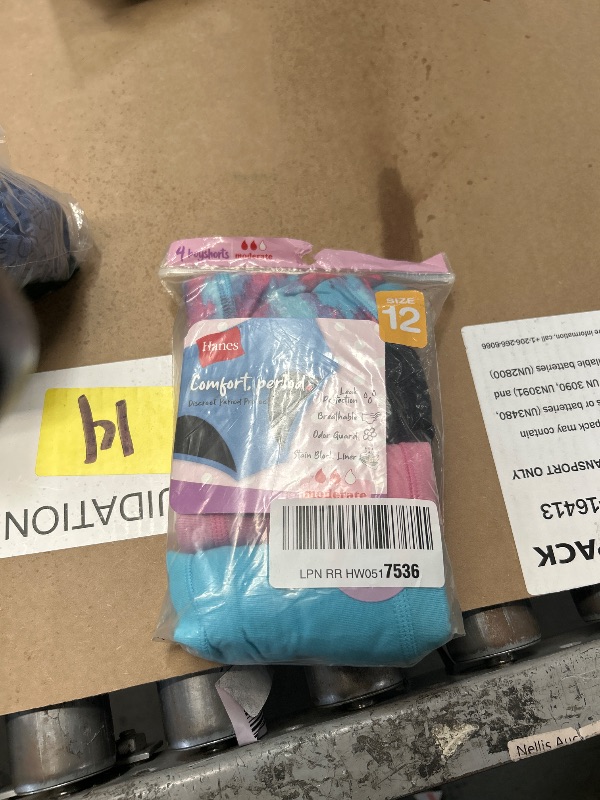 Photo 1 of Hanes Girls' Big Comfort Underwear, Hipster Period Panties, Moderate Protection, 4-Pack, Boyshort-Pink/Blue/Black-4 Pack, 12