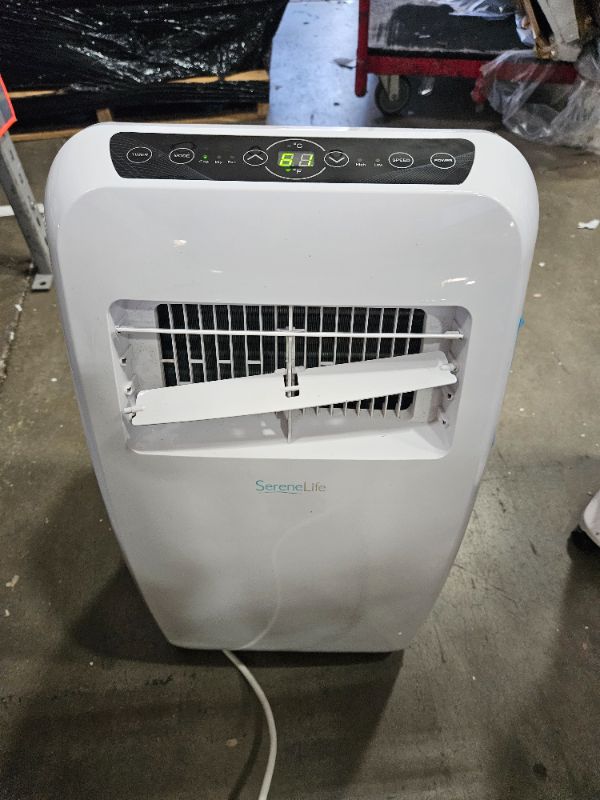 Photo 1 of (POWERS ON_UNABLE TO TEST FURTHER) (MINOR DAMAGE)  SereneLife SLPAC8 SLPAC 3-in-1 Portable Air Conditioner with Built-in Dehumidifier Function,Fan Mode, Remote Control, Complete Window Mount Exhaust Kit, 9,000 BTU, White