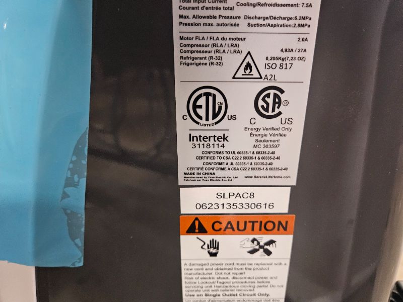 Photo 1 of (POWERS ON_UNABLE TO TEST FURTHER) (MINOR DAMAGE)  SereneLife SLPAC8 SLPAC 3-in-1 Portable Air Conditioner with Built-in Dehumidifier Function,Fan Mode, Remote Control, Complete Window Mount Exhaust Kit, 9,000 BTU, White