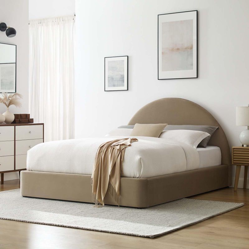 Photo 1 of ***INCOMPLETE MISSING BOX 2***Modway Resort Full Size Platform Bed with Arch Shaped Round Headboard in Taupe, Upholstered Velvet Bed Frameain-Resistant Performance Velvet, Soft Cloud Bed Frame, No Box Spring Needed