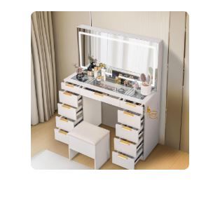 Photo 1 of (PARTS ONLY, DRESSER(NO MIRROR)) Pamapic 11 Drawers Vanity Desk with Golden Handles, Upgraded Silent Slides Vanity Mirror with Lights, 3 Lighting Modes Glass Top Makeup Vanity with Chair and Portable Mirror, Charging Station
