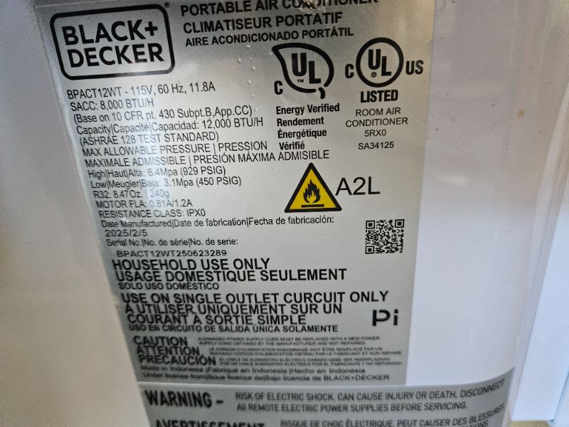 Photo 1 of *******************MISSING ALL ACCESSORIES EXCEPT REMOTE*****************
BLACK+DECKER Portable Air Conditioner, 12,000 BTU (8,000 BTU SACC) for Rooms up to 550 Sq. Ft., Portable AC with Follow Me Remote Control and Window Kit, BPACT12WT, White