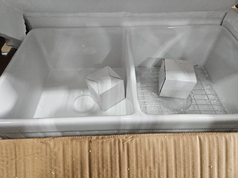 Photo 1 of ?Miuara Farmhouse Sink Double Bowl 33 Inch - White Apron Front Kitchen Sink Reversible 33"x18"x10", Undermount Installation, Farm House? Style Dual Basin 50/50, Heavy Duty Solid Fireclay, for Kitchen