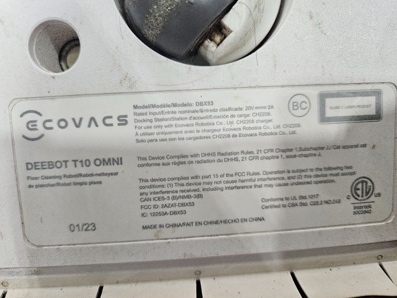 Photo 1 of *** Used item dirty, powers on unable to test further **** ECOVACS DEEBOT T10 OMNI Robot Vacuum and Mop Combo, Auto Self-Emptying, Auto Mop Cleaning, Hot Air Drying, 5000Pa Suction, OZMO TURBO Deep Mopping with Precision Mapping and Obstacle Avoidance, Wh