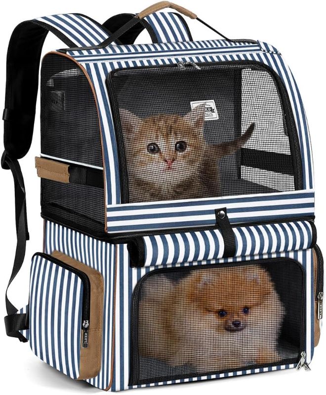 Photo 1 of 
Lekebobor Cat Backpack for 2 Cats - Double-Compartment Pet Carrier for Two Small Cats or One Medium Dog, Fits Up to 24 Lbs, Blue Striped