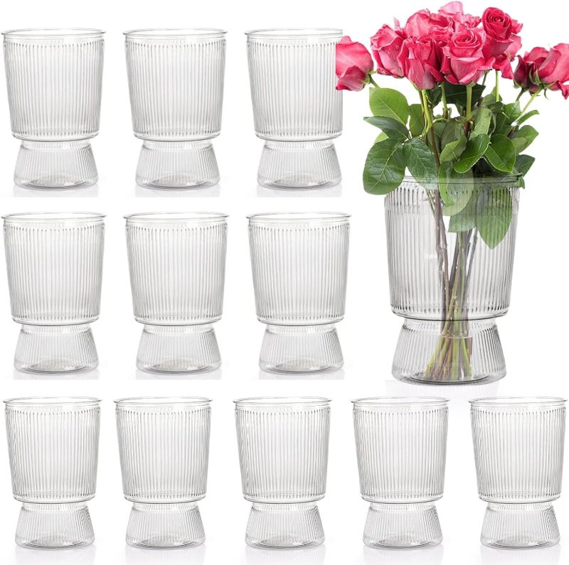 Photo 1 of 12 Pack Clear Plastic Flower Vases, 6.3" Ribbed Fluted Glass-Like Vase, Decorative Modern Ripple Hydroponic Plant Vase with Base for Table Centerpieces Home Decor Office Wedding Decoration