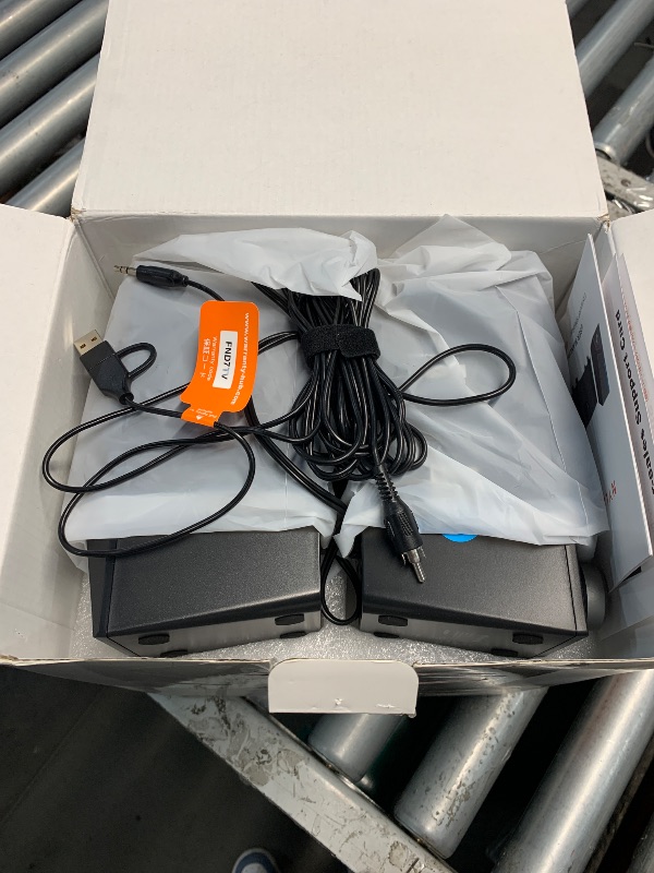 Photo 1 of (PARTIAL SET) (MISSING POWER CORD) Nylavee Computer Speakers with Subwoofer, 2.1 Hi-Fi PC Speakers System with 6 Lighting Modes, Enhanced Bass, Plug and Play, USB/USB-C Powered and 3.5mm Aux in for Desktop, Monitor, Laptop, Tablet