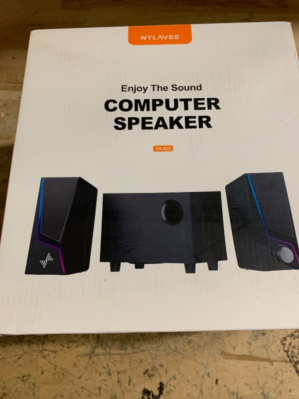 Photo 1 of (PARTIAL SET) (MISSING POWER CORD) Nylavee Computer Speakers with Subwoofer, 2.1 Hi-Fi PC Speakers System with 6 Lighting Modes, Enhanced Bass, Plug and Play, USB/USB-C Powered and 3.5mm Aux in for Desktop, Monitor, Laptop, Tablet