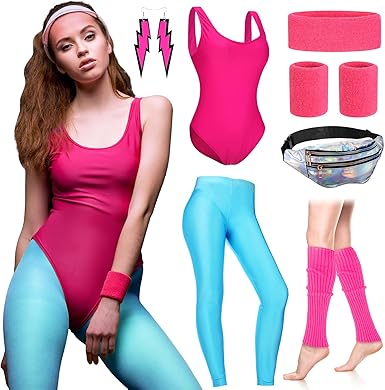 Photo 1 of **LEGGINGS, LEG WARMERS, AND HEADBAND ONLY** Women 80s Costume Outfit Accessories Set Leotard Legging Neon Headband Wristbands Leg Warmers Earrings Holographic Fanny Pack (SMALL)
