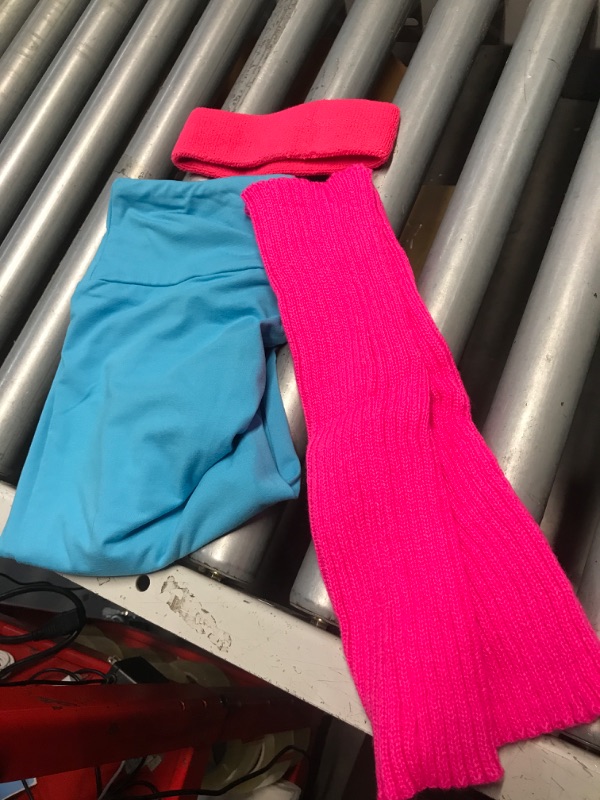 Photo 1 of **LEGGINGS, LEG WARMERS, AND HEADBAND ONLY** Women 80s Costume Outfit Accessories Set Leotard Legging Neon Headband Wristbands Leg Warmers Earrings Holographic Fanny Pack (SMALL)
