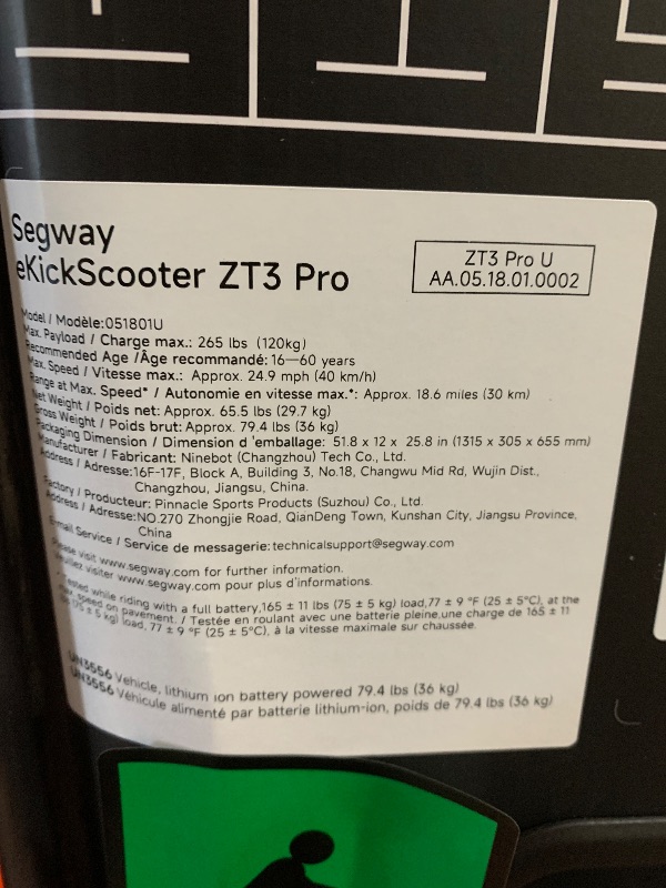 Photo 1 of ***FACTORY SEALED***Segway ZT3 Pro Electric Scooter, Up to 24.9 MPH, 43.5-Mile Range, Dual Suspension, Flash Charge, 1600W Peak Motor, Off-Road Scooter for Adults UL Certified (UL2272/2271)
***TRUCK/TRAILER PICKUP ONLY*** ***FACTORY SEALED***