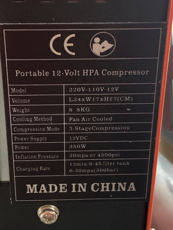 Photo 1 of (see all images) PCP Air Compressor, 4500 PSI / 30 MPa, 350W Motor, Auto Stop, Built-in Adapter & Cooling Fan, 12V DC or 110V / 220V AC Power