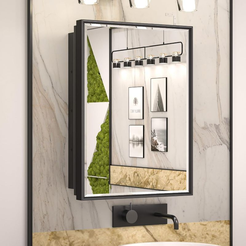 Photo 1 of (grey) (used/fair) Keonjinn 20" x 30" Medicine Cabinets for Bathroom with Mirror Recessed or Surface Wall-Mounted Aluminum Alloy Framed Beveled Mirror, Single Door Metal Bathroom Vanity Mirror with Storage Cabinet
