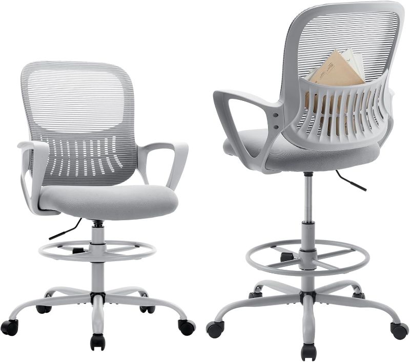 Photo 1 of ****ITEM IS MISSING PARTS****Drafting Chair Tall Office Chair for Standing Desk Counter Height Adjustable, Egronomic Lumbar Support with Fixed Armrest, Footrest, Rolling, Grey, 1pc
