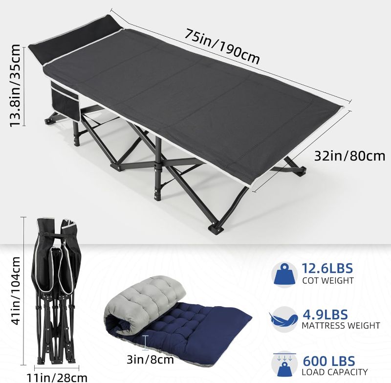 Photo 1 of (USED/FAIR) HABUTWAY Camping Cot with Mattress, 32" Extra Wide Camping Cots for Adults, Sleeping Cot for Adults Holds Up to 600LBS, Cots for Sleeping, Camp, Rv, Beach, Patio, Office Naps(Blue)