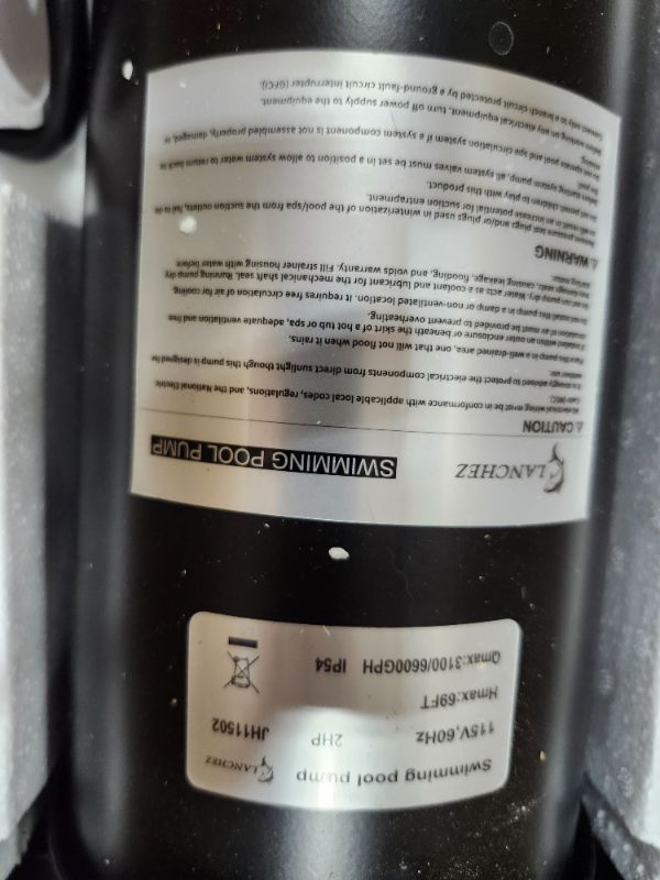 Photo 1 of *************MISSING THE CLEAR LID**************
LANCHEZ In/Above Ground Pool Pump, Self Primming (Dual Speed, 2 HP, 6600 GPH, 115V, 1.5" & 2" NPT Adapter, Strainer Basket)