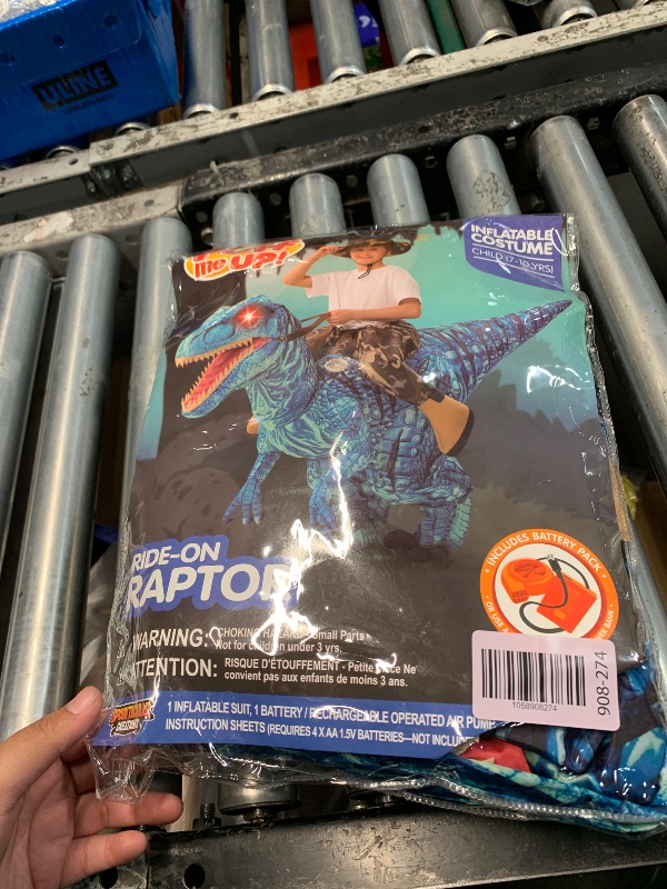 Photo 1 of ******************Battery back missing prongs***************
Spooktacular Creations Kids Halloween Inflatable Costumes, Raptor Blow Up Costume with Light Up Eyes, Ride On Blue Dinosaur Inflatable Suit for Halloween Cosplay Themed Party