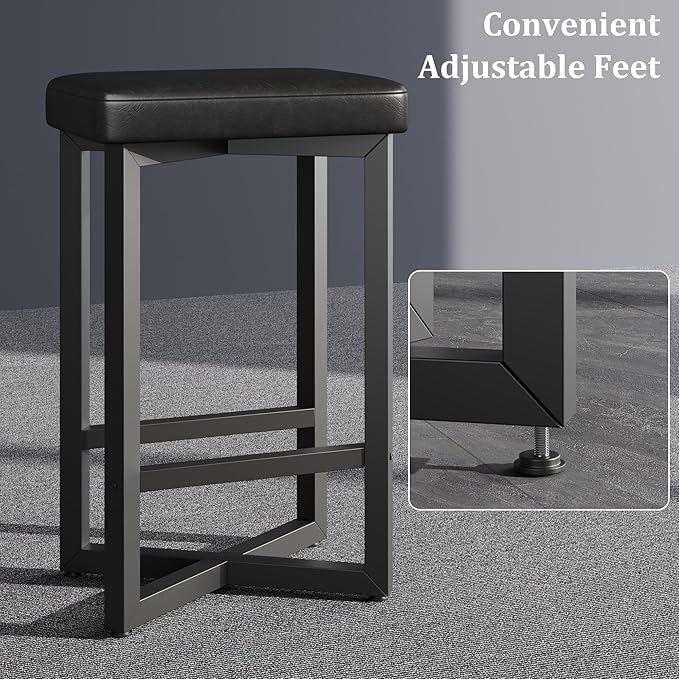Photo 1 of **MSRP 29.99** IDEALHOUSE Bar Stools Set of 1, 24.6" Counter Height Backless Barstools, Upholstered PU Leather Seats with Metal X-Frame & Footrest, Modern Kitchen Stools for Home Bar, Dining Room, Black