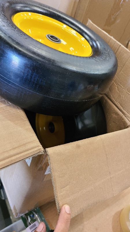 Photo 1 of 13 x 5.00-6 Tire and Wheel, Flat Free Lawn Mower tires with 3/4" & 5/8" Bearings, 3.25"-6.25" Adjustable Hub, 13x5x6 Zero Turn Tires for Garden Tractors, Zero Turn mowers, Yellow (2 Pcs)