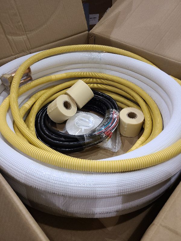 Photo 1 of 25ft Length Mini Split Line Set,1/4" 5/8" OD Copper Pipes Tubing and 3/8 White PE Thickened Insulated Coil with Flared Nuts for Mini Split Air Conditioner HVAC or Heat Pump System. (25Ft(1/4+5/8))