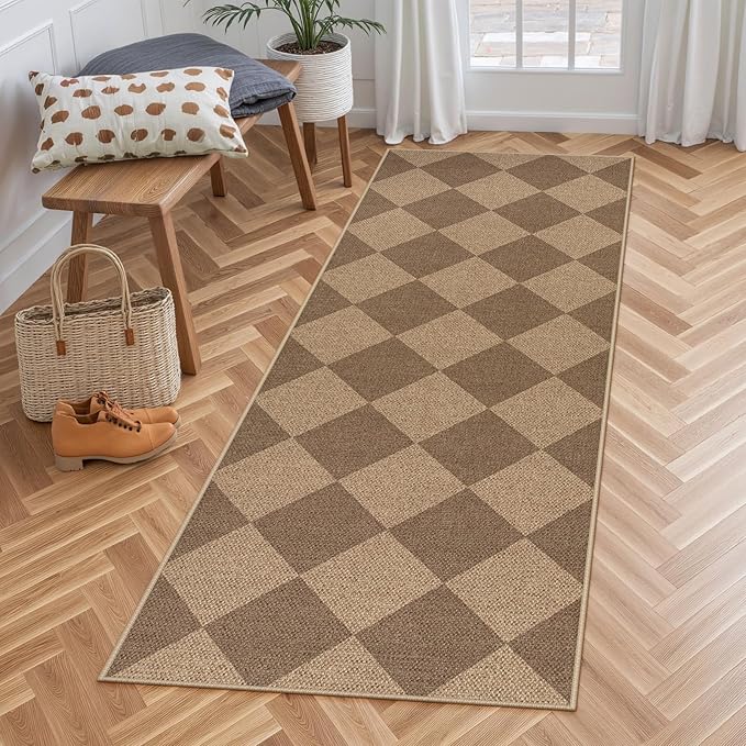Photo 1 of **MSRP 42.99** Lahome Checkered Easy Jute Runner Rug, 2x6 Kitchen Mats for Floor Non Slip Washable Entryway Runner, Checkerboard Nature Indoor Outdoo Carpet for Hallway 6ft Entry