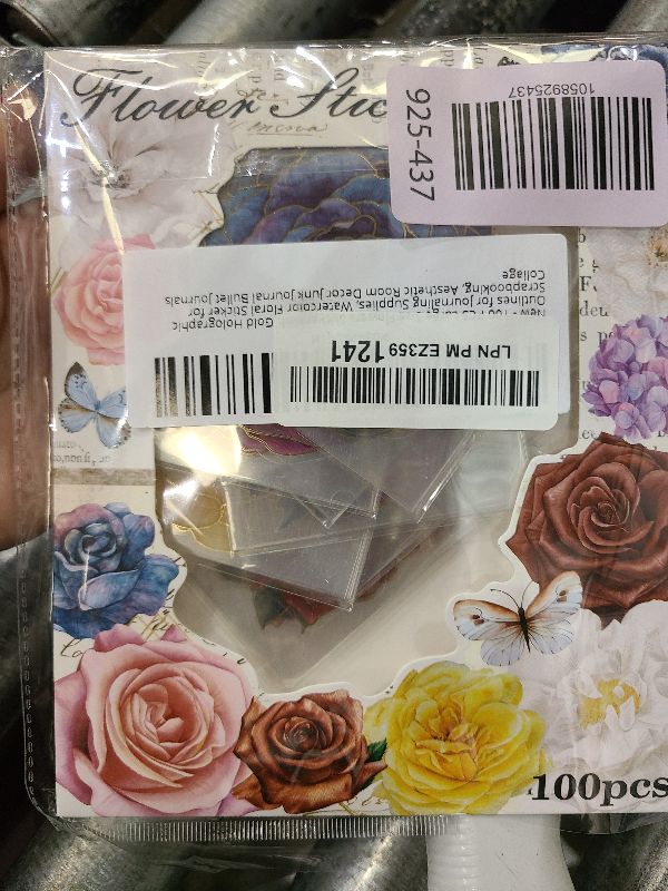 Photo 1 of 100 PCS Large Size Flowers Sticker with Gold Holographic Outlines for Journaling Supplies, Watercolor Floral Sticker for Scrapbooking, Aesthetic Room Decor Junk Journal Bullet Journals Collage